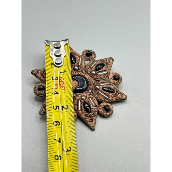Handcrafted Sunburst Clay Pin Sun Moon Brown Black Colors Handmade 70s Jewelry - Picture 5 of 5